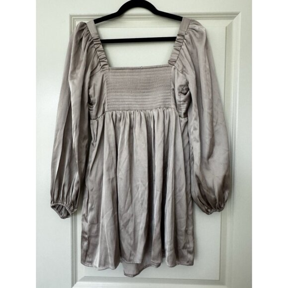 Abercrombie Emerson Satin Long-sleeve Mini Dress in Taupe Size Small Petite - Picture 4 of 8